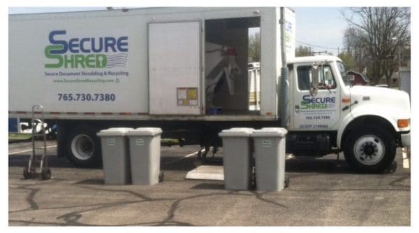 Contact Secure Shred image show their truck in a parking lot. It has 4 of their bins beside the truck.